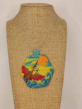 Bright Multicolor Seed Bead Pendant Necklace - Turquoise, Yellow & Orange Accent